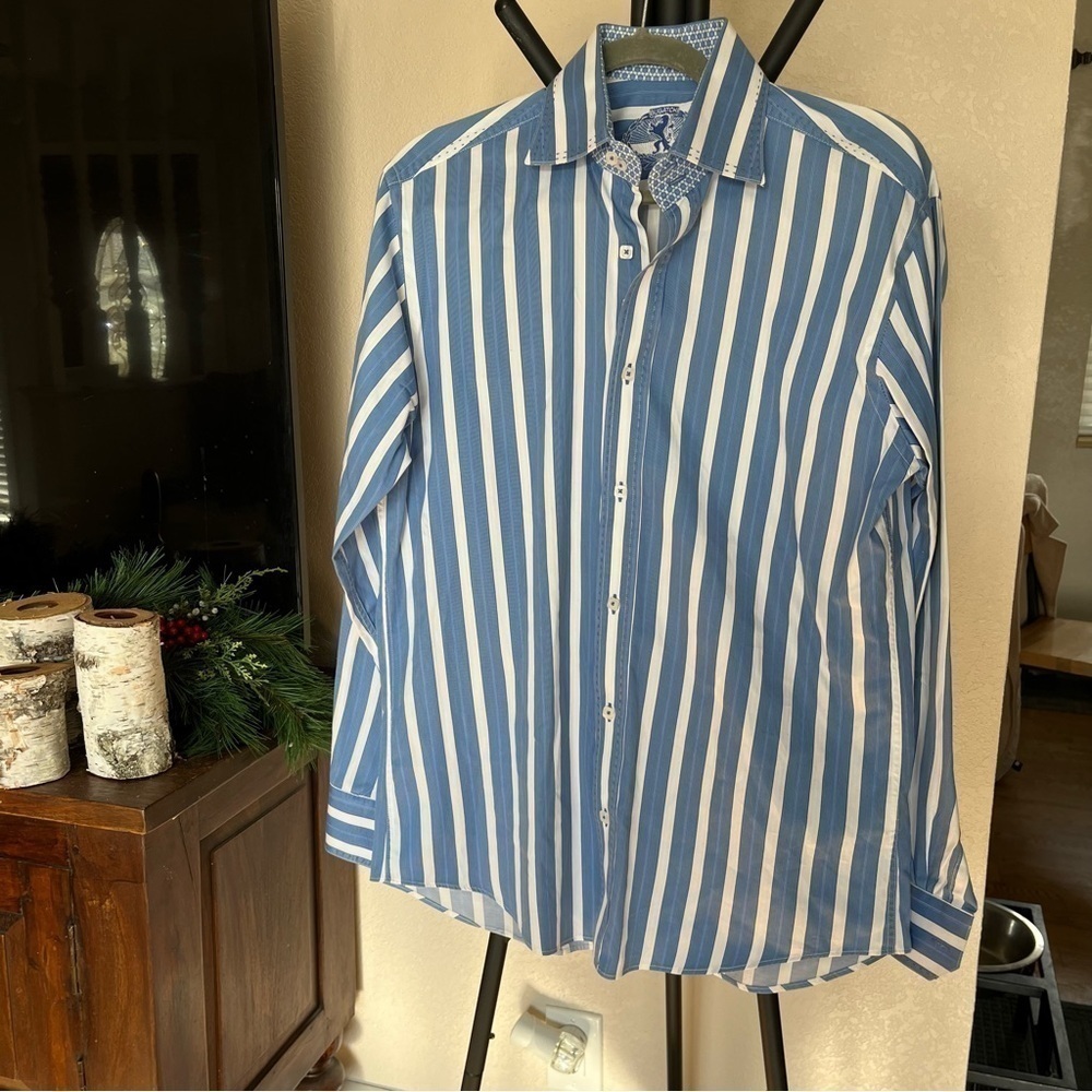 Men's Bugatchi Blue and White Striped Button Down Long Sleeve Shirt Size M